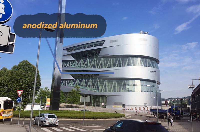 Mercedes-Benz Building using aluminum continuous thick film anodized aluminum coils